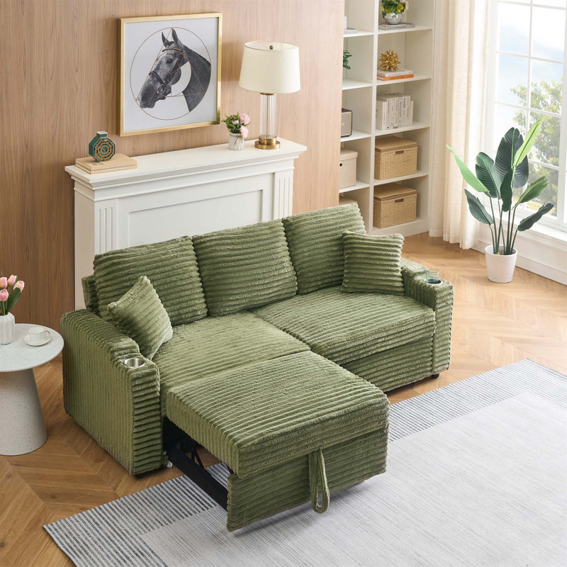 Versatile Two-in-One Folding Sofa with Foldable and Hidden Lying Function, Corduroy Upholstery, Convenient Cup Holder and Comfortable Pillow, Perfect for Living Room Adaptability and Guest Accommodation