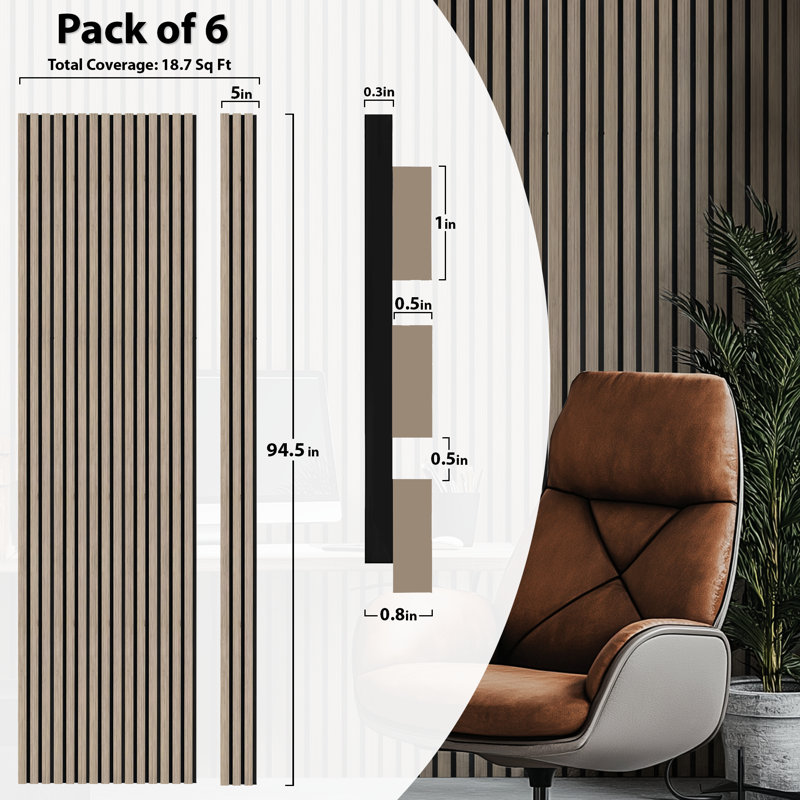 Panneaux muraux en bois acoustique | 94,5 po x 5 po chacune | Panneaux insonorisés, Frêne argenté