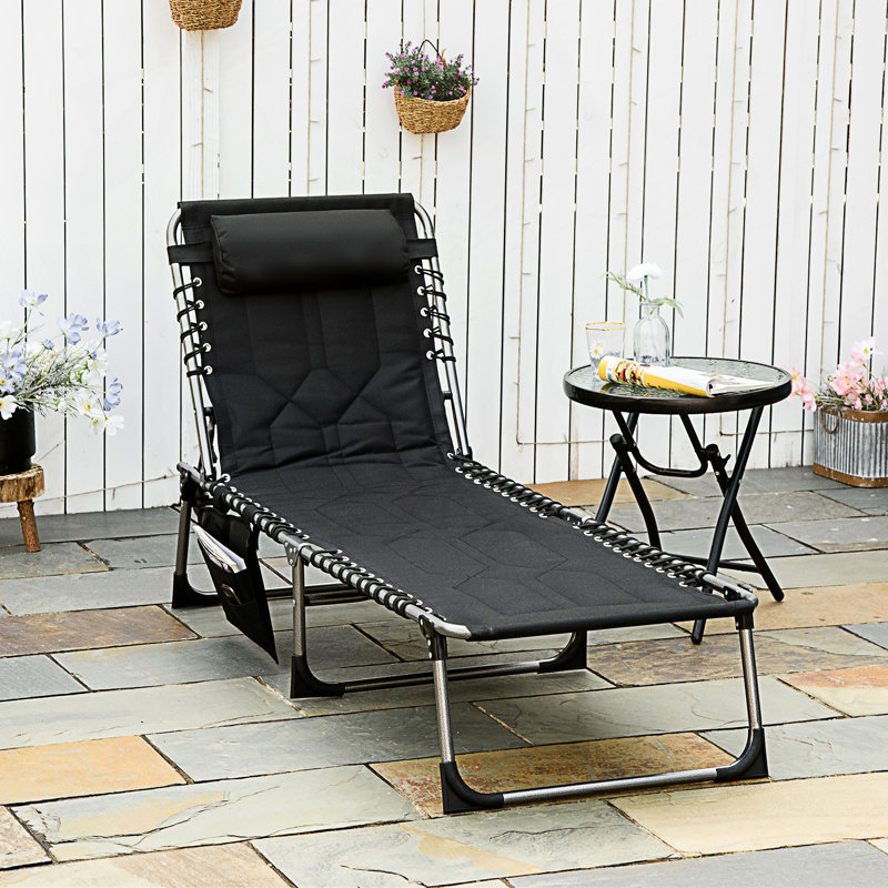 Padded Folding Chaise Lounge Chair, Outdoor 6-Level Reclining Camping Tanning Chair, Black