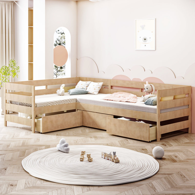 Lit plateforme en L avec trois tiroirs de rangement, Naturel