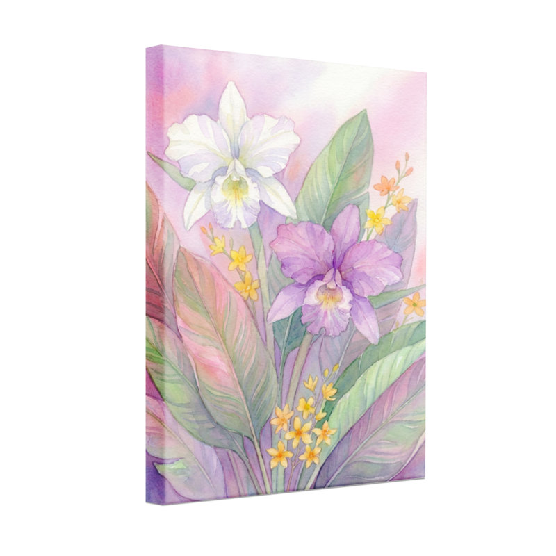 Plantes et fleurs, aquarelle, orchidée et feuilles, H 40 po x l 28 po