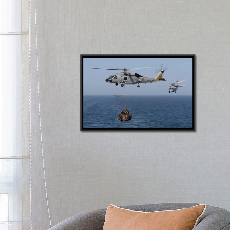 " A SH-60J Seahawk Transfers Cargo During A Vertical Replenishment " by Gert Kromhout, Black Framed Canvas, No Mat