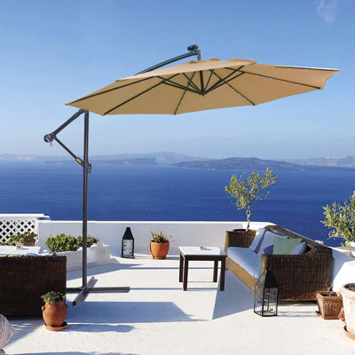 10 FT Solar LED Patio Outdoor Umbrella Hanging Cantilever Umbrella Offset Umbrella Easy Open Adjustment with 32 LED Lights -taupe