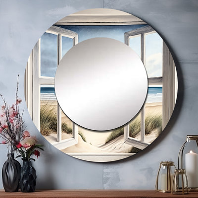 Parrisch Window To The Beach IV - grand miroir de plage, décor de miroir mural rond gris, reproduction d'art en métal