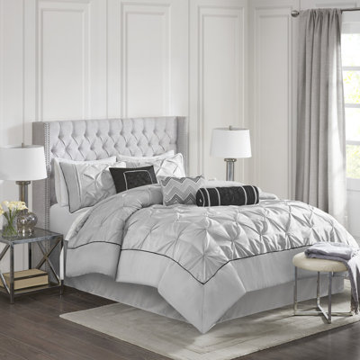 Très grand édredon gris 7 pièces très grand, comprenant 1 édredon, 2 taies décoratives, 3 coussins, une jupe de lit, facile à nettoyer et lavable à la machine