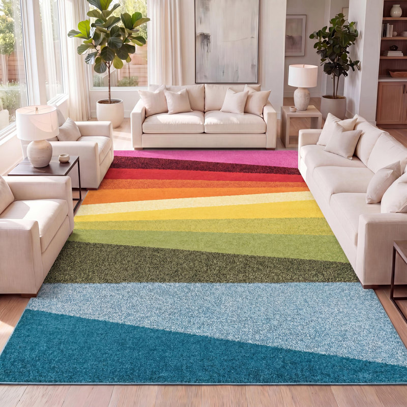 Maudrey Geometric Striped Orange/Green/Blue Rug, Rectangle 7'10" x 10'