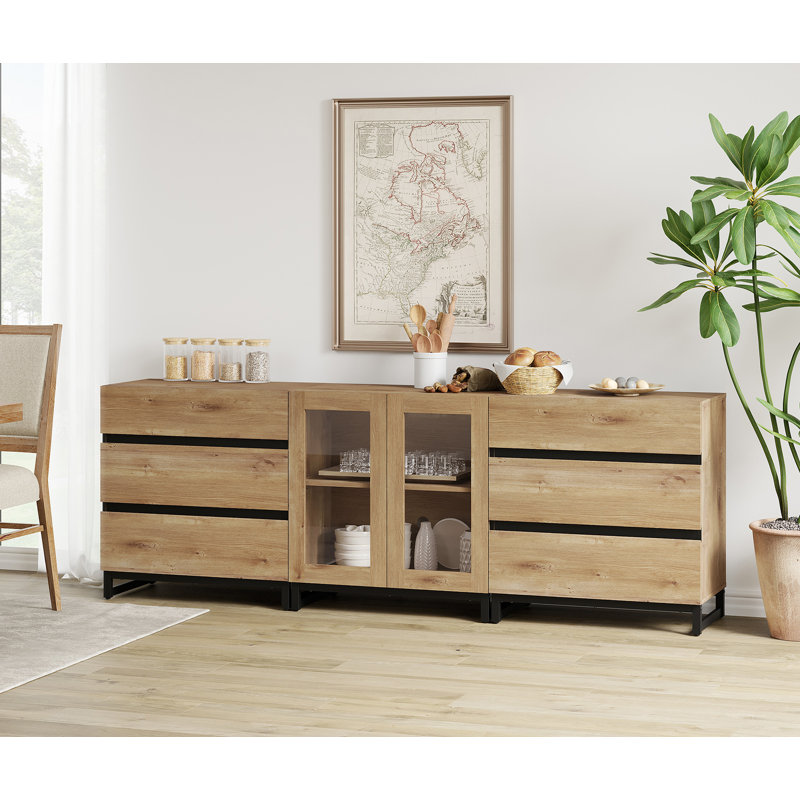 Buffet 3 en 1 multifonctionnel avec 6 portes en verre, crédence moderne avec tablette ajustable et base en métal, armoire de rangement pour bar, salon, cuisine
