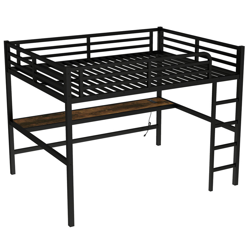 Metal Queen Size Loft Bed with Power Outlet and LED Lighted, Space-Saving, Noise Reduced