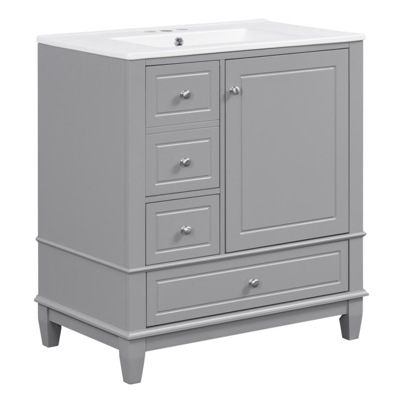 Meuble-lavabo 30 po avec lavabo, une porte avec tablette et trois tiroirs, porte à fermeture en douceur, Gris