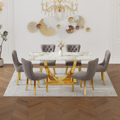 Ensemble de table de salle à manger 6 personnes, table de salle à manger rectangulaire 71 po avec chaises, ensemble de cuisine en velours et base dorée