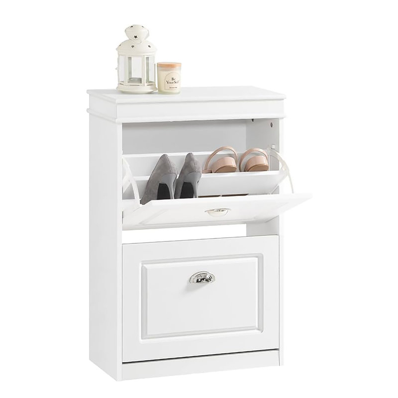 Petite armoire à chaussures avec 2 tiroirs rabattables, un range-chaussures autoportant et pratique, Blanc