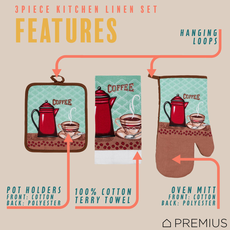 Ensemble de linge de cuisine imprimé 3 pièces PREMIUS, tasse à café, 1 serviette en coton, 1 support à casserole, 1 gant de cuisine
