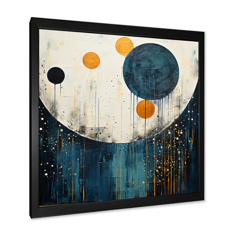 Bleu sarcelle jaune Mid Century Minimalist Rain II - Minimalisme, art mural, H 30 po x l 30 po x P 1 po, Cadre photo noir