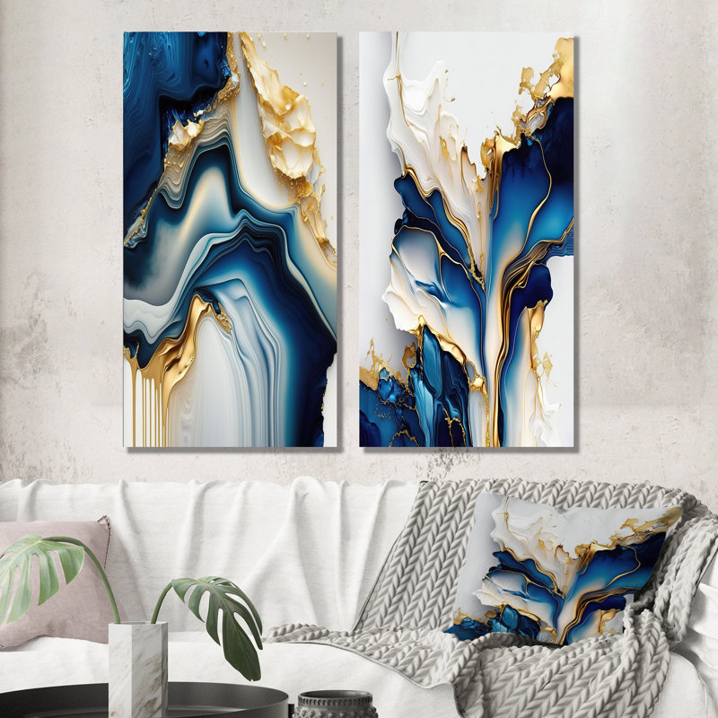 Abstract Geode Gold And Blue Marble - Marble Abstract Wall Decor Set Of 2, 20" H x 24" W, Wrapped Canvas
