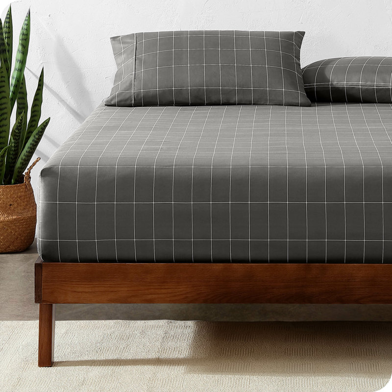 Microfiber Fitted Sheet, Queen Fitted Sheet, Grid - Gray/White