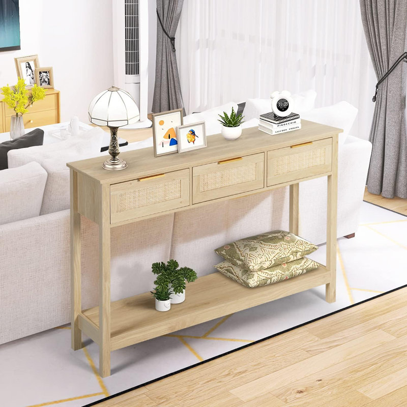 51" Rattan Console Table With 3 Drawers, Natural Wood