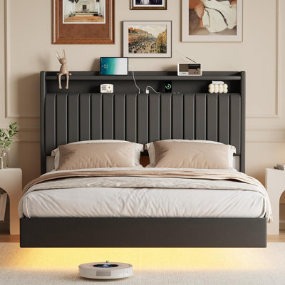 Floating Bed Frame With RGB LED Lights & Charging Station
