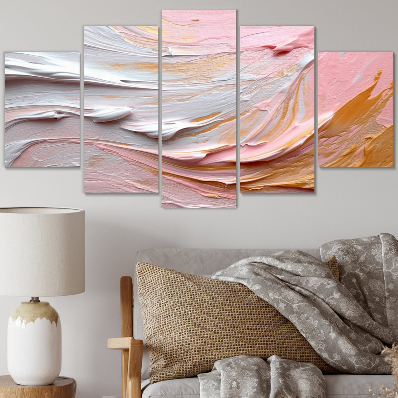 «Rose and Gold Spiral Radiance IV», reproduction d'art abstrait spirales abstraites - 5 panneaux