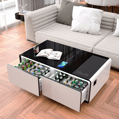 Modern Smart Coffee Table With Built-In Fridge Bluetooth Speakers Wireless Charging Power Socket Usb Ports Rgb Light White