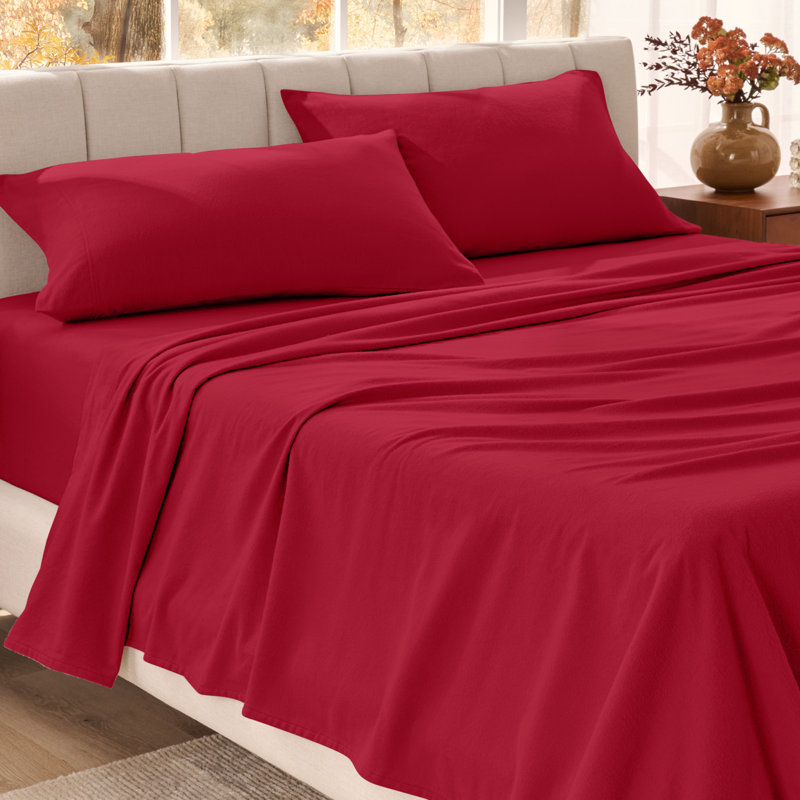 Organic 100% Cotton Flannel Sheet Set, Full Sheet Set with 2 Pillowcases, Red