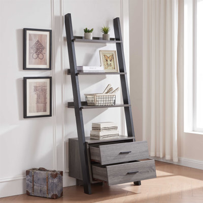 Two Drawer Ladder Bookcase Metal Bar Handles Distressed Grey And Black Two Tone Color by 17 Stories