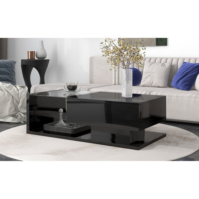 Table basse avec panneau de particules stable et verre trempé noir brillant