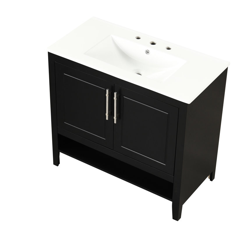36" Bathroom Sink Vanity, Black & Solid Wood, Smooth Ceramic Sink, 2 Doors And Drawers, Functional Feature, Assembly Required Basin, Drawers Doors, Modern Furniture,