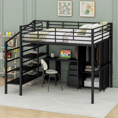Alainah Full Metal Loft Bed With table set and wardrobe