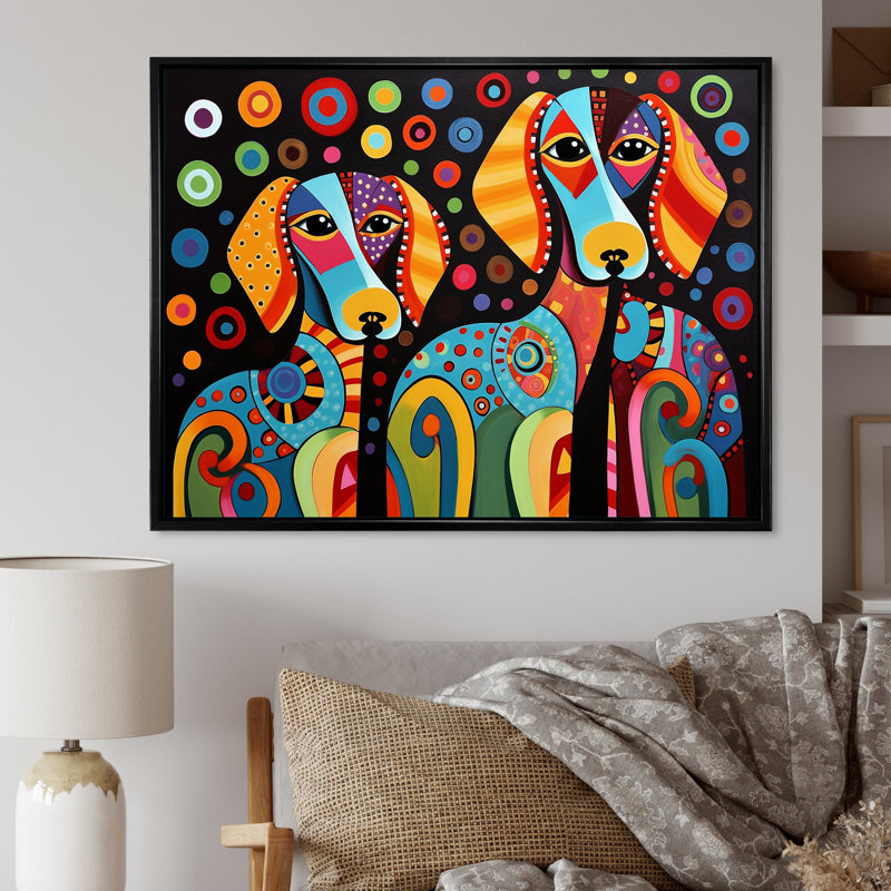 Portrait de deux teckels rétro géométrique - Décoration murale chien teckel, H 16 po x l 32 po x P 1 po, Cadre flottant noir