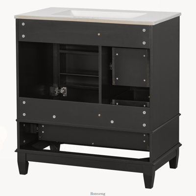 Meuble-lavabo autoportant de 30 po avec comptoir d'évier, structure en bois d'hévéa et panneau de panneaux de fibres à densité moyenne avec porte à fermeture en douceur, 3 tiroirs et tablettes de rangement, vert