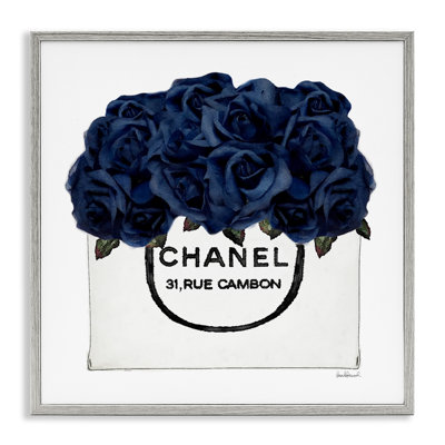 Chic Navy Blue Roses in Glam Fashion Bag Gray Farmhouse Oversized Rustic Framed Giclee Texturized Art by Amanda Greenwood