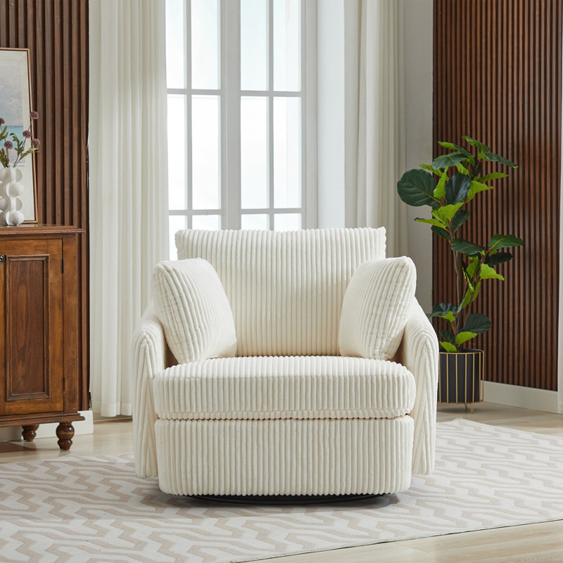 Upholstered Swivel Chair With 2 Side Pillows, Ivory Corduroy