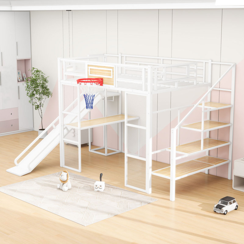 Lit mezzanine double en métal avec bureau, glissoire et panier de basketball, Blanc