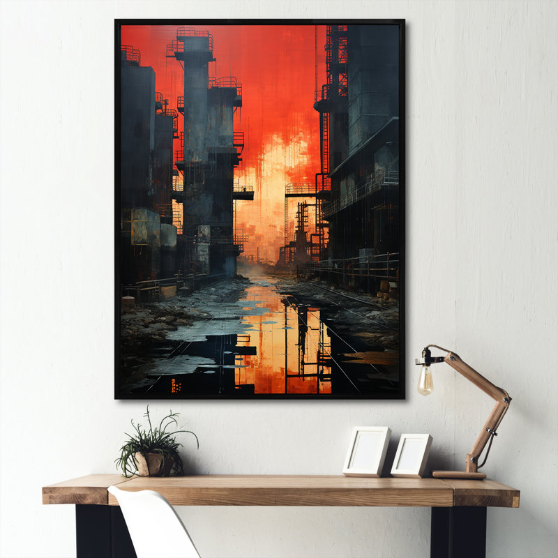 Échos de l'usine cramoisie sur toile, H 40 po x l 30 po x P 1,5 po, Cadre flottant noir