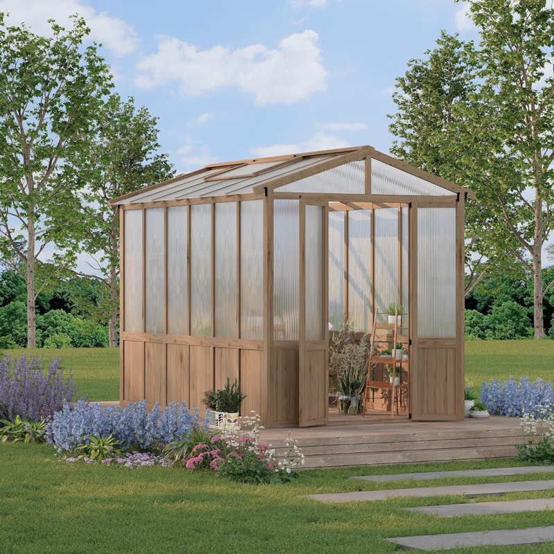 8x10FT Wooden Greenhouse with Cedar Frame, Outdoor Wood Greenhouses with Roof Vent, Wood and Polycarbonate Walk-in Greenhouse