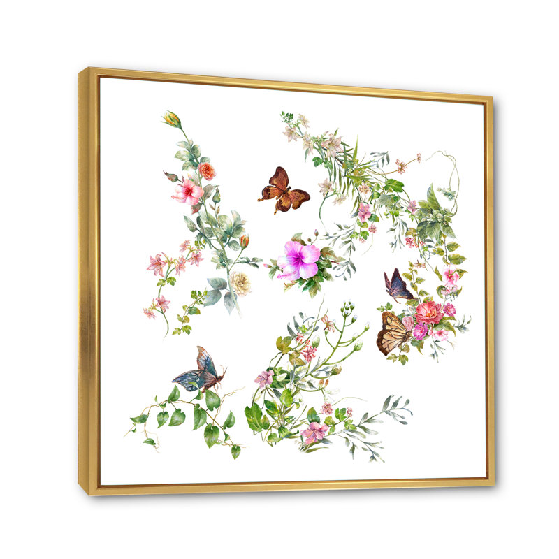 «Butterfly On Botanical Bouquet», reproduction d'art sur toile, H 16 po x l 16 po x P 1 po, Cadre flottant doré