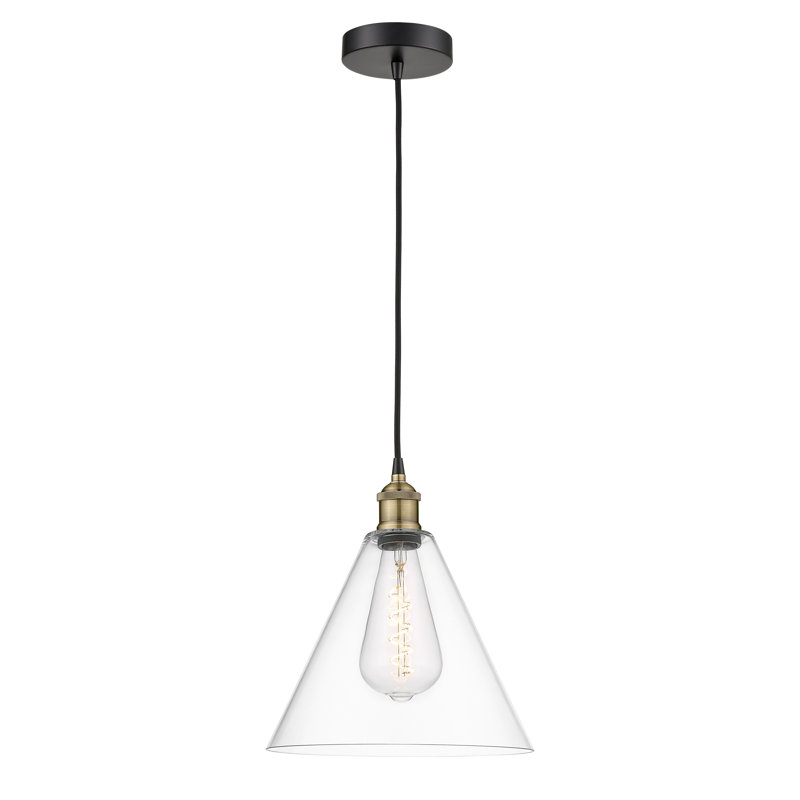 Luminaire suspendu conique à 1 lumière Bluford, H 13,75 po x l 12 po x P 12 po, Transparent, Laiton brossé