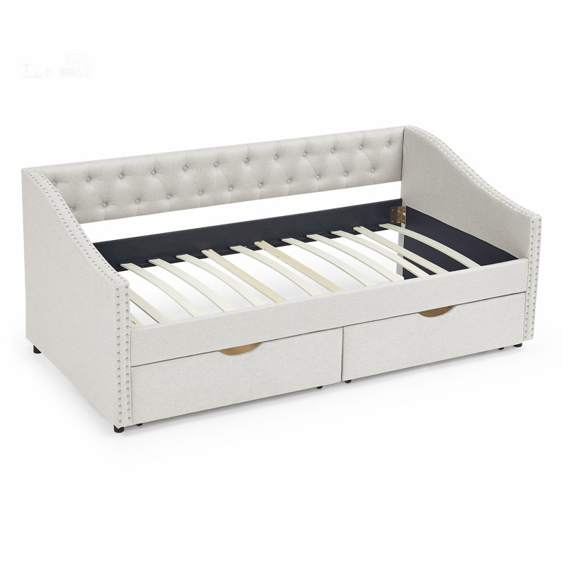 Tufted Upholstered Daybed with Drawers, Elegant Button and Copper Nailhead Details, Ideal for Stylish and Functional Living