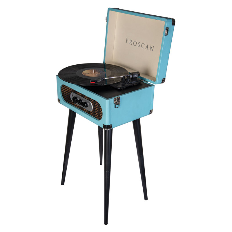 Proscan® 3-Speed Belt-Drive Manual Retro Bluetooth® Suitcase-Style Turntable With Built-In Speakers, FM Radio, Aux, 45-RPM Adapter & Stand, Blue