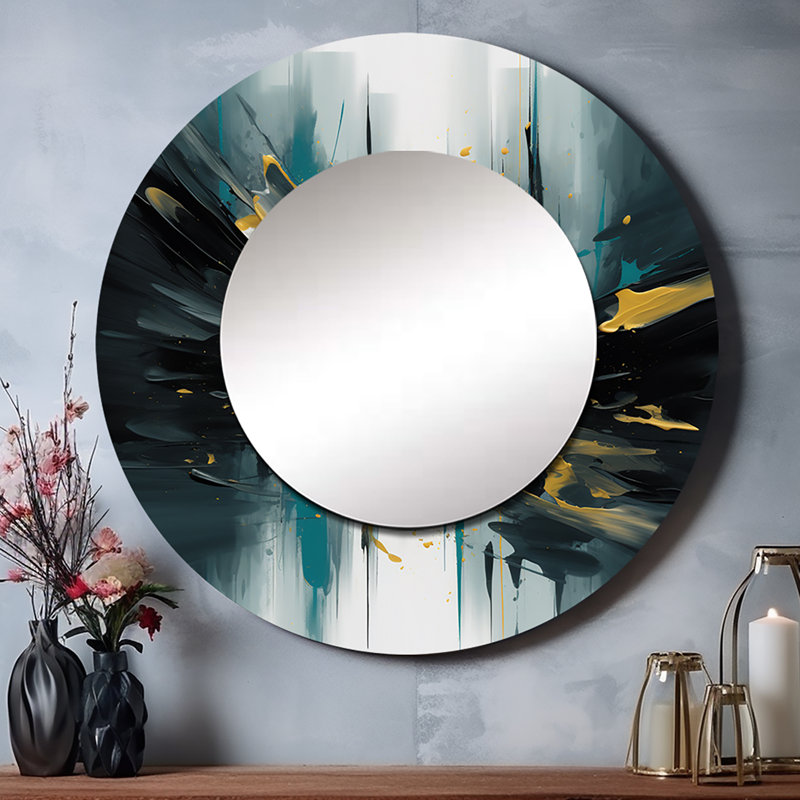 Raeleigh jaune et vert Essence de modernité I - décor de miroir mural géométrique unique, grand miroir rond moderne, art imprimé en métal