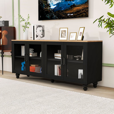 Élégant meuble télé multifonctionnel avec portes en verre, tablettes réglables et pieds en forme de gourde