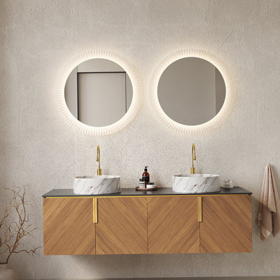 Meuble-lavabo 60 po, meuble-lavabo mural en contreplaqué avec 4 portes, 2 lavabos ronds blancs en céramique avec motif en pierre et comptoir en pierre frittée noire, couleur grain de bois chêne brun