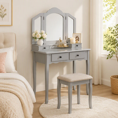 Sanlo Wooden Vanity Make Up Table and Stool Set with 3-Panel Beveled Mirror, 4 Drawers & Brushed Nickel Hardware, Silver Finish, Silver