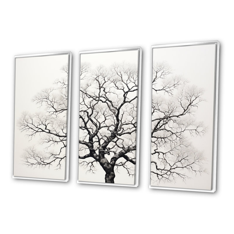 Minimalisme avec arbres en chêne noir et blanc - ensemble de décorations murales en chêne, Cadre flottant blanc