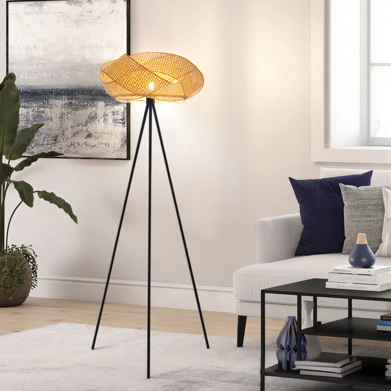 Lampe sur pied rustique avec base trépied et interrupteur au pied noir, Naturel