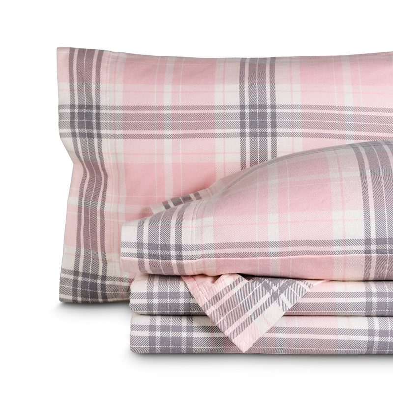 Ensemble de draps 100% flanelle de coton, Ensemble de draps pour lit simple avec 1 taie d'or, Carreaux rose aurore