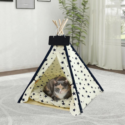 Tipi en toile pliable pour animaux de compagnie pour chats et chiens, lavable, comprend une base antidérapante et un coussin amovible, un abri extérieur sécuritaire pour les animaux domestiques jusqu'à 66 livres, beige, taille moyenne