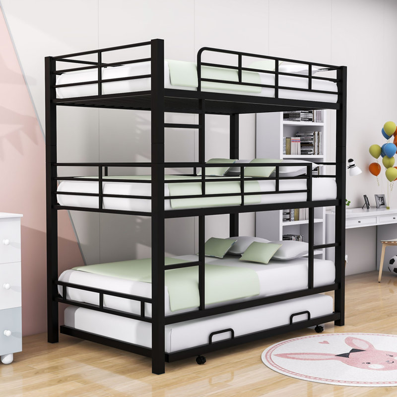 Metal Twin Triple Bunk Bed With Trundle, Black