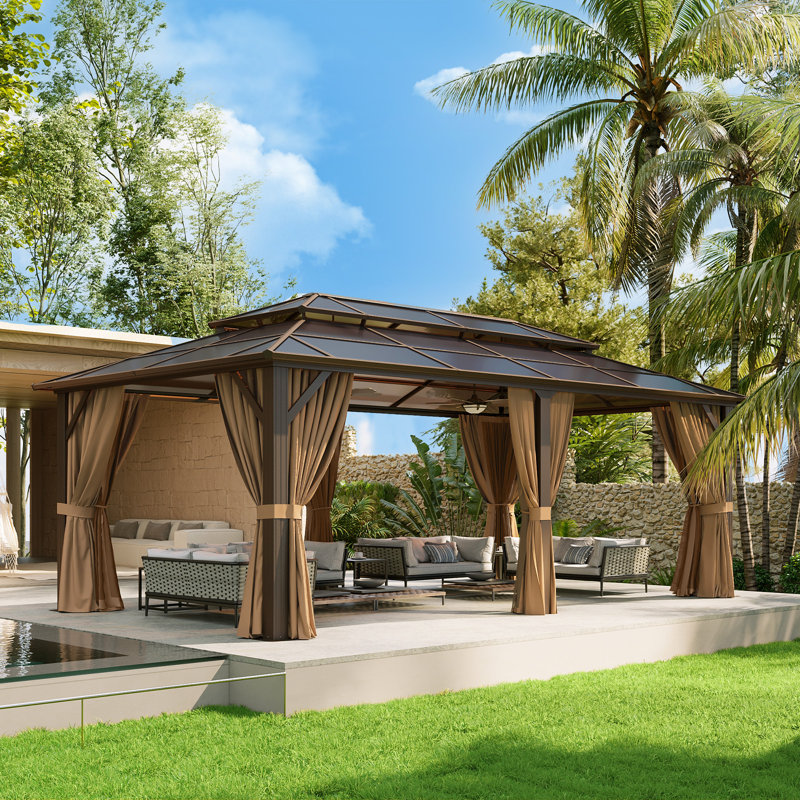 Double Roof Gazebo, 111.02" H x 235.43" W x 142.91" D, Brown