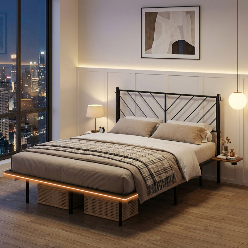 Aether Iron Floating Double Bed Frame with USB-C Charging & Lighting, No Box Spring Needed